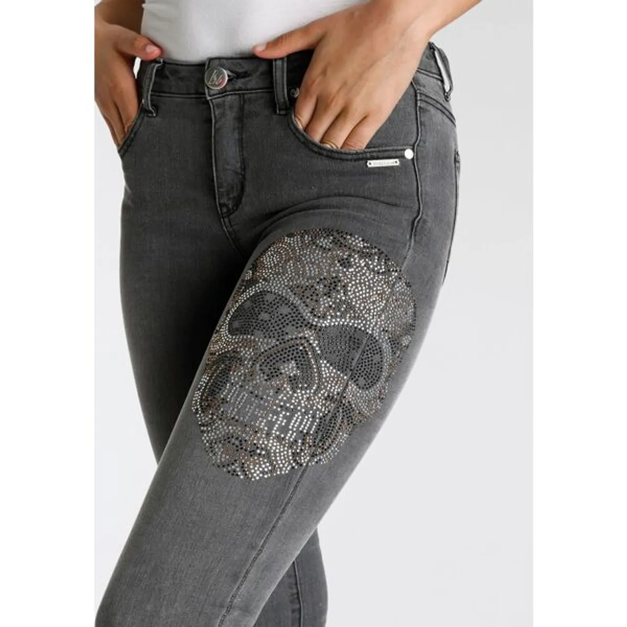 5-Pocket-Jeans BRUNO BANANI Gr. 38, N-Gr, schwarz (black used) Damen Jeans 5-Pocket-Jeans Schädel- Applikation NEUE KOLLEKTION