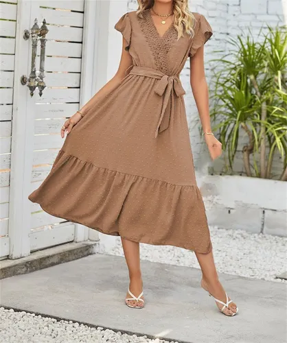 AFAZ New Trading UG A-Linien-Kleid Damen-Maxikleid mit gepunkteter Spitze und V-Ausschnitt Kurzes A-Linien-Kleid mit Rüschenärmeln und Taillenschnürun...