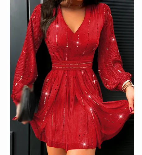 AFAZ New Trading UG Abendkleid Kleid mit tiefem V-Ballonärmel-Taillensaum und A-Linien-Saum