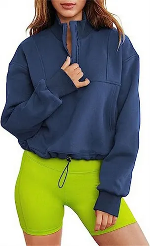 AFAZ New Trading UG Carmenpullover Damen-Overall-Langarmshirt mit Viertelreißverschluss Pullover-Hoodie mit halbem Reißverschluss
