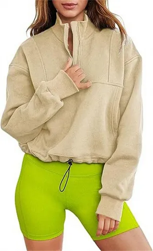 AFAZ New Trading UG Carmenpullover Sweatshirt mit Kordelzug am Saum und halbem Reißverschluss Damen-Sweatshirts für Frühling und Herbst