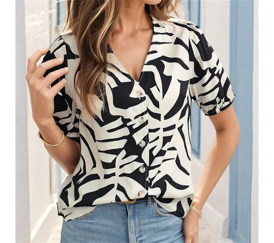 AFAZ New Trading UG Kurzarmbluse Damen-Kurzarm-Pullover mit V-Ausschnitt und bedrucktem Hemd Gestreiftes Kurzarm-Sommeroberteil für Damen