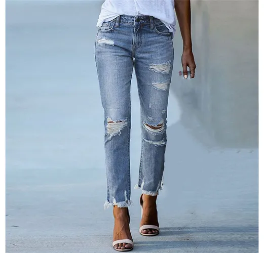 AFAZ New Trading UG Loose-fit-Jeans Sommerliche Slim-Fit-Damenjeans mit Fransen und Rissen