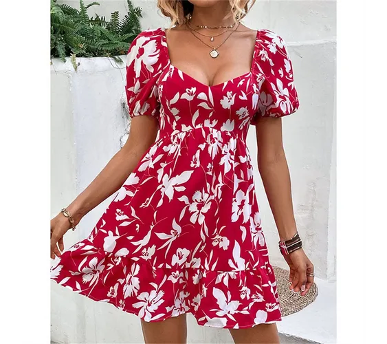 AFAZ New Trading UG Sommerkleid Rückenfreies, bedrucktes Damenkleid kurzem quadratischem Ausschnitt Damenmode sexy Riemchen-Hosenträgerrock mit hohlen...