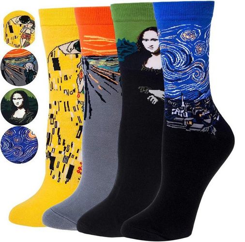 Alster Herz Komfortsocken Bunte lustige Socken Damen Herren, 38-43, Baumwolle, A0465 (4-Paar) berühmte Motive der Malerei