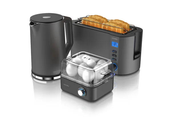 Arendo Frühstücks-Set (3-tlg), Wasserkocher 1,5l, 4-Scheiben Toaster, 8er Eierkocher, Grau