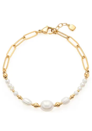 Armband LEONARDO "Inka, 022063" Armbänder Gr. Edelstahl-Perlen, weiß (gelbgoldfarben, weiß) Damen Perlenarmbänder mit Süßwasserzuchtperle