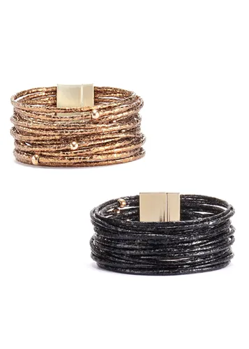 Armband Set LASCANA "Wickelarmband" Gr. Lederimitat, schwarz (schwarz, bronze) Damen Armbänder in Layer Optik mit Perlen, Magnetarmband, Armketten Set