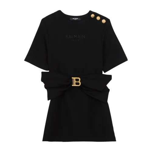 B T-Shirt-Kleid,Schwarzes T-Shirt Stil Kleid mit Gold Details Balmain