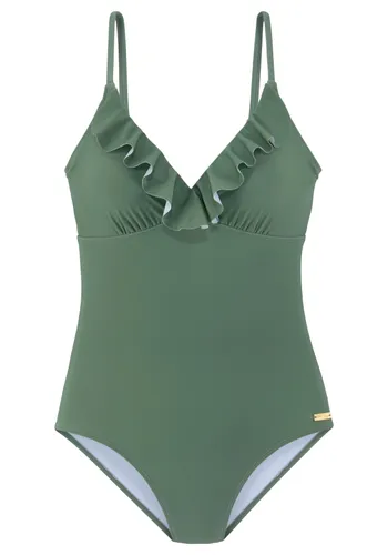 Badeanzug LASCANA "Lolo" Gr. 40, Cup C, grün (oliv) Damen Badeanzüge Ocean Blue mit Rüschen