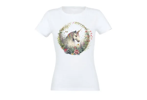 Banco T-Shirt Banco Unicorn T-Shirt mit Unicorn im Kranz Druck Damen Sommermode