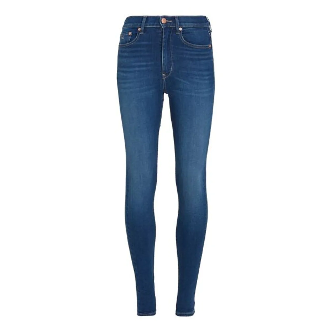 Bequeme Jeans TOMMY JEANS "Sylvia Skinny Slim Hohe Leibhöhe" Gr. 27, Länge 32, blau (denim medium1) Damen Jeans High-Waist-Jeans