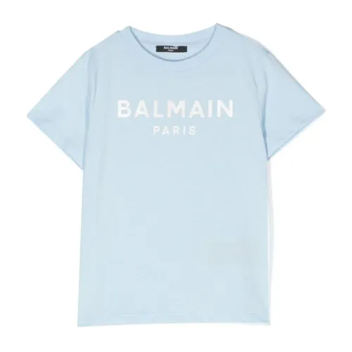 Blau Logo T-shirt Kurzarm Rundhals Balmain