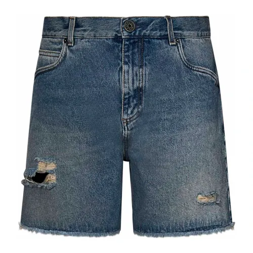 Blaue Vintage Denim Shorts mit Logo-Stickerei,Denim Bermuda Shorts Balmain