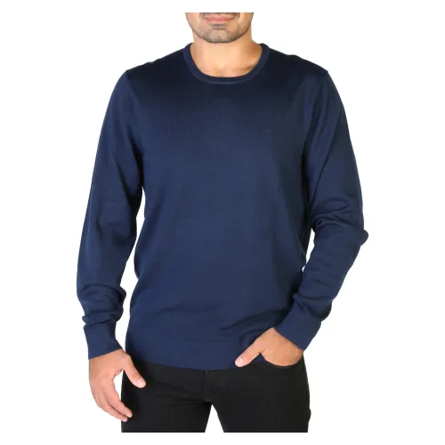 Blauer Herrenpullover, 100% Wolle, Rundhalsausschnitt, Lange Ärmel, Maschinenwaschbar Calvin Klein