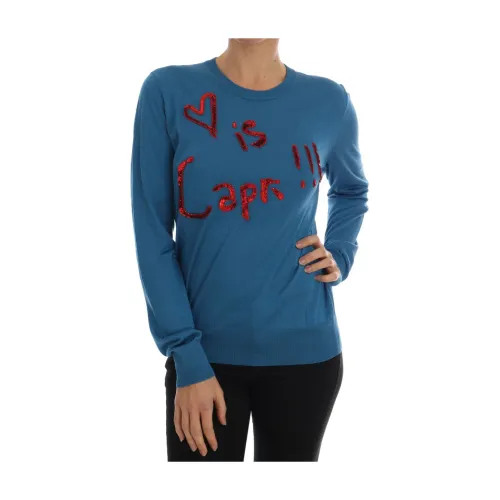 Blauer Seiden Love Pullover Sweater Dolce & Gabbana