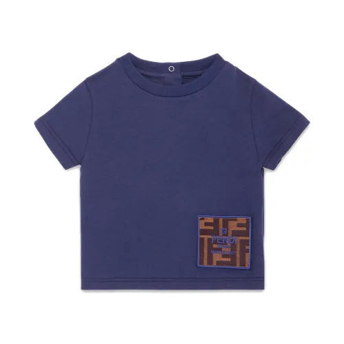 Blaues T-Shirt mit Logo-Stickerei,Blaues T-Shirt mit FF Logo Patch Fendi