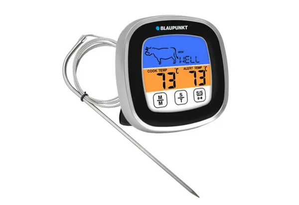 Blaupunkt Grillthermometer FTM501, [ -20 bis 300 °C ] Auswahl an 8 Fleischsorten und 5 Garstufen, Touch-Display, Kabel: 1m
