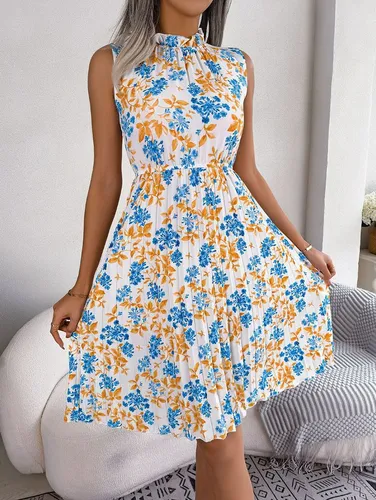BlauWave Druckkleid Frauen Casual Rüschen Ärmelloses Blumendruck Plissee (1-tlg) Knielanges Kleid Für Den Sommer