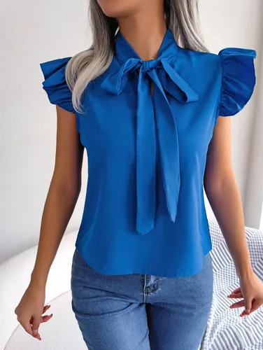 BlauWave Hemdbluse Rundhals ÄRmelloses Chiffon Shirt Oberteile (1-tlg) Mit Schleife