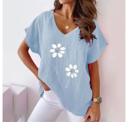 BlauWave Kurzarmshirt Bedrucktes Kurzarm-T-Shirt aus Baumwolle mit V-Ausschnitt (1-tlg., für Damen Bluse Mit Fledermausärmel) Geeignet für tägliche Re...