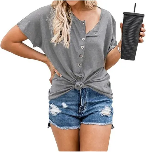 BlauWave Kurzarmshirt Kurzarm-t-Shirt mit Knopf Unregelmäßiger Saum (1-tlg., Summer Top Damenbekleidung Kurzarm Tee) Geeignet für tägliche Reisen