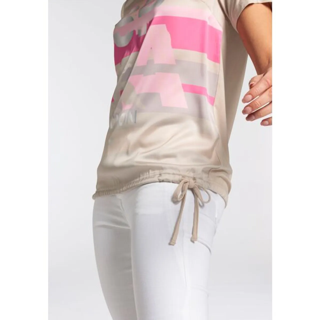Blusenshirt BOYSEN'S Gr. 36, pink (beige, pink) Damen Shirts Blusenshirts mit graphischem Frontdruck im Materialmix - NEUE KOLLEKTION