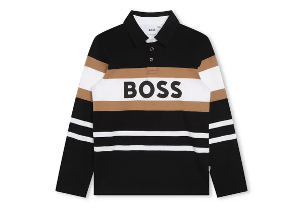 BOSS Langarm-Poloshirt BOSS Kids Poloshirt langärmelig schwarz mit großem Logo und Streifen