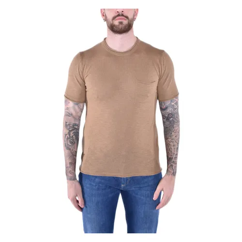 Braunes Baumwoll-Rundhals-T-Shirt Blauer