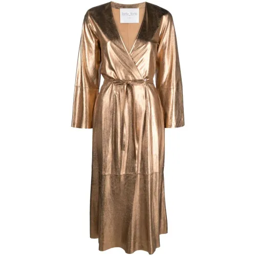 Bronzefarbenes Leder V-Ausschnitt Kleid Forte Forte