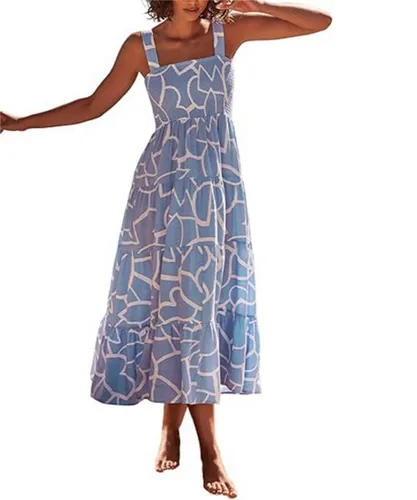 B.X Midikleid Damen-Midi-Tanktop-Kleid mit böhmischem Blumendruck jerseykleid Midi-Tankkleid plissierten jersey Strandkleid quadratischem Ausschnitt