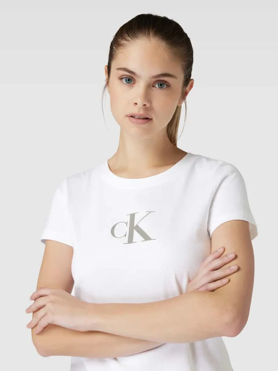 Calvin Klein Jeans Slim Fit T-Shirt mit Paillettenbesatz Modell 'SEQUIN' in Weiss