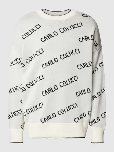 CARLO COLUCCI Strickpullover mit Allover-Label-Print in Weiss