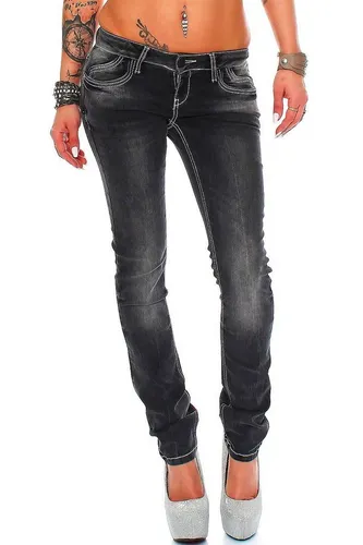 Cipo & Baxx Slim-fit-Jeans Low Waist Hose BA-C46007 mit Stretch und Weißer Kontrastnaht in Schwarz