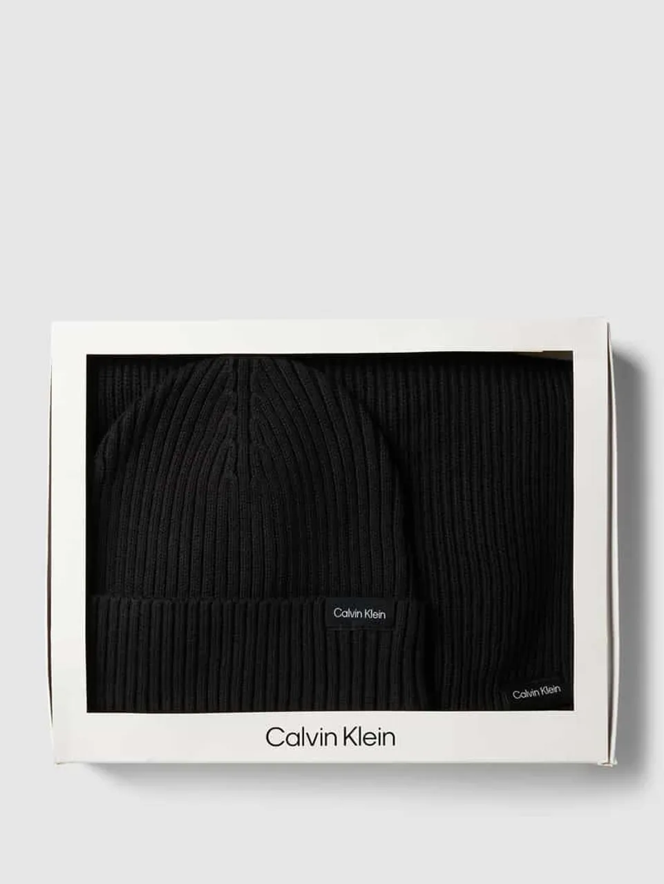 CK Calvin Klein Mütze und Schal im Set aus Baumwoll-Kaschmir-Mix in Black