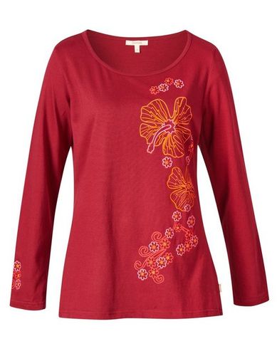 Deerberg Langarmshirt Einfarbiges Langarm Shirt mit Blumenapplikationen aus Bio-Baumwolle