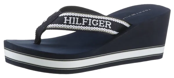 Dianette TOMMY HILFIGER "HILFIGER WEDGE BEACH SANDAL" Gr. 38, blau (dunkelblau) Damen Schuhe Zehentrenner