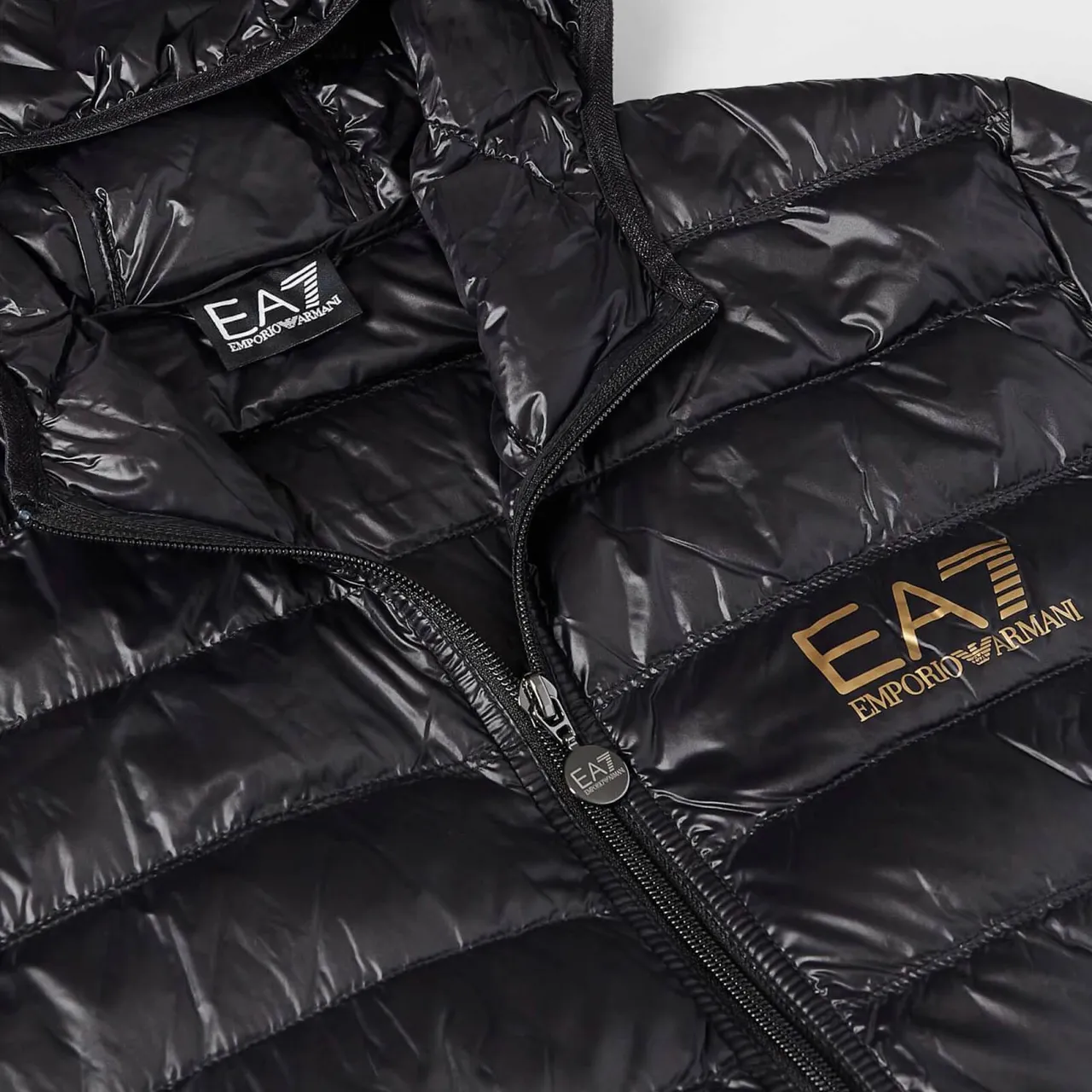 EA7 Men's Gold Logo Full Zip Puffer Jacket - Black