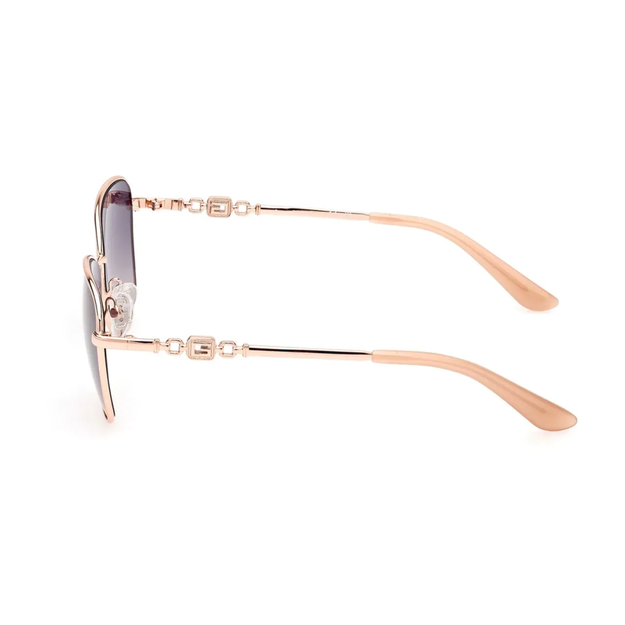 Elegante Schmetterlings-Sonnenbrille mit roségoldenem Rahmen und braunen Verlaufsgläsern Guess