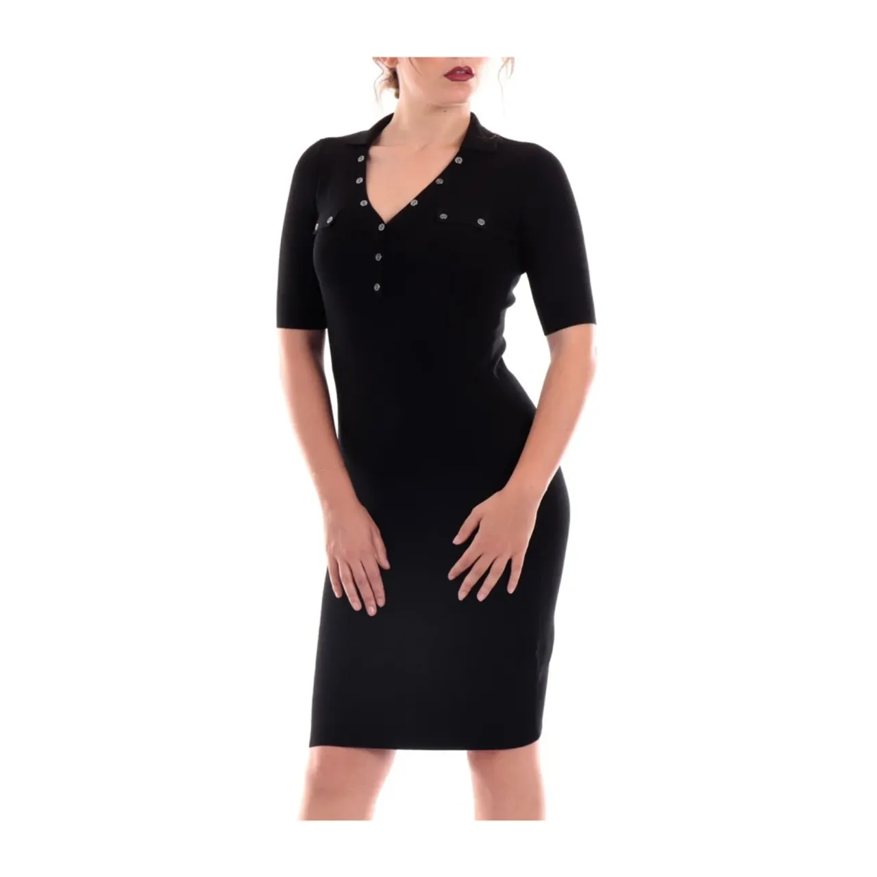 Elegantes Schwarzes Kleid mit Henley-Ausschnitt Guess