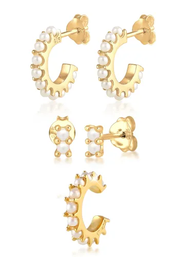Elli - Creolen Stecker Earcuff Synthetische Perlen 3er Set 925 Silber Ohrringe Damen