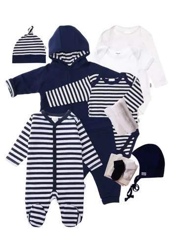 Erstausstattungspaket LILIPUT Gr. 50/56, blau (dunkelblau, weiß) Baby KOB Set-Artikel Outfits 16-teilig mit Overall und Kapuzenjacke