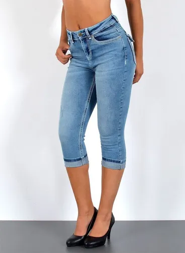 ESRA Caprijeans J563 Damen High Waist Capri Jeans mit dicker Naht, bis Übergröße / Plussize Größe, Damen 3/4 Capri Jeans-Hose Hochbund mit Kontrastnäh...