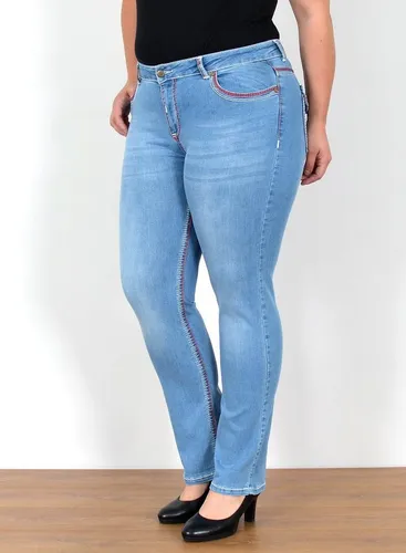 ESRA Straight-Jeans FJ755 High Waist Jeans Damen Straight Fit mit dicker Naht bis Übergröße, Straight Leg Jeans Hose Stretch hohe Leibhöhe Kontrastnäh...