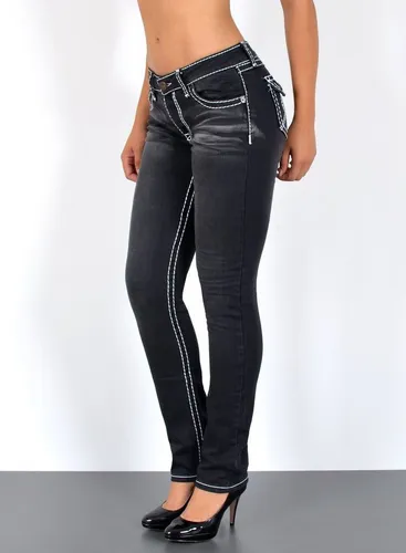 ESRA Straight-Jeans J540 Damen Straight Fit Jeans Hose mit dicker Naht, bis Übergröße / Plussize Große Größe, Straight Leg Jeanshose Hoch-Bund mit Kon...