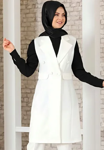 fashionshowcase Longtunika Damen Weste mit Knopfdetail und Kragen Lange Tunika-Weste Hijab Mode blickdicht, mit Kreppstoff