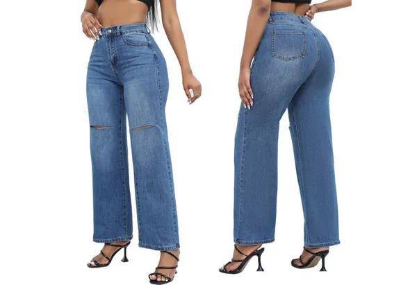 FIDDY Comfort-fit-Jeans Damen-Jeans mit hoher Taille und weitem Bein, modische Stretch-Jeans