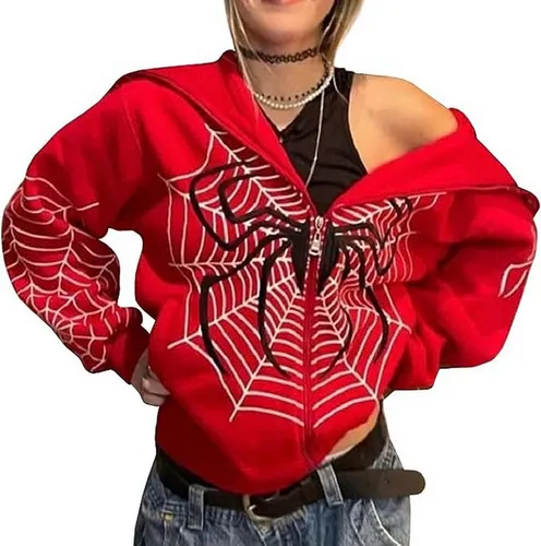 FIDDY Funktions-Kapuzensweatjacke Damen Zip Up Oversized Hoodie Große Spinnennetz HoodieJacke Sweatshirt