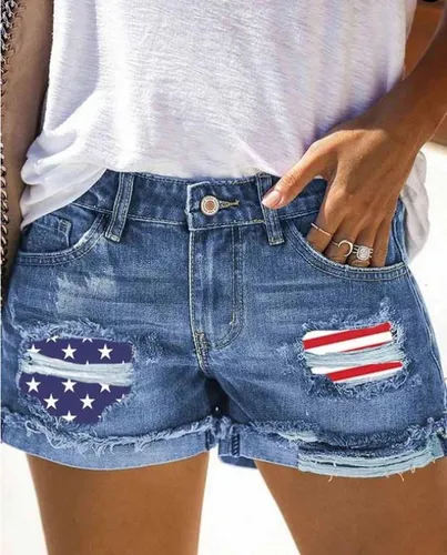 FIDDY Jeansshorts Bedruckte zerrissene Denim-Shorts – Damen-Denim-Shorts – Hotpants