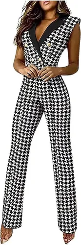 FIDDY Jumpsuit Damen-Jumpsuit mit Farbblock-Print und V-Ausschnitt und Knöpfen